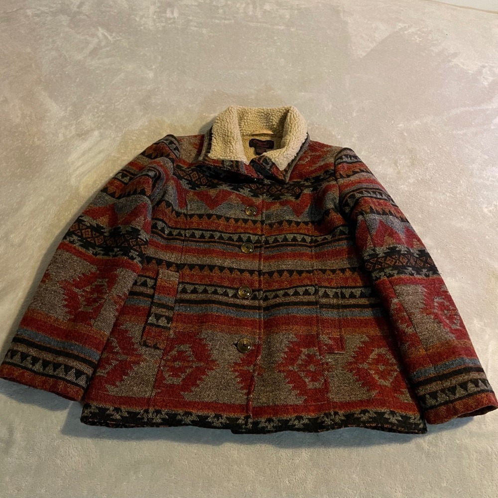 Cowgirl Legend Southwestern Aztec Print Sherpa Lined Wool Blend Jacket Small